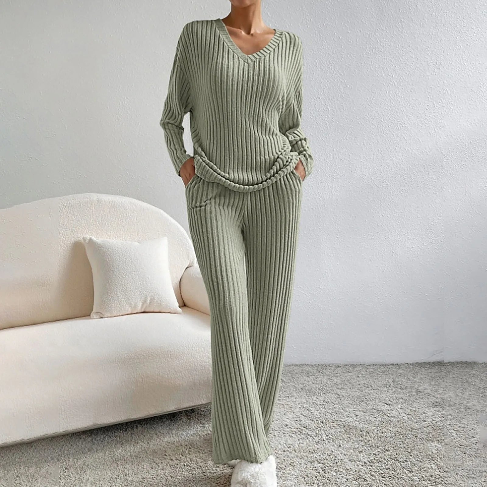 Stella - V-Neck Ribbed Knit Lounge Set