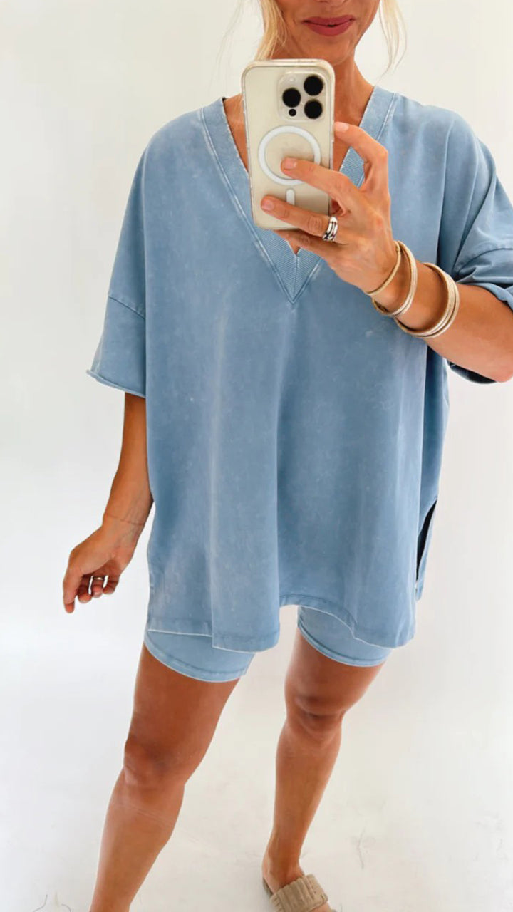 Ariana - Acid Wash Oversized Tee and Biker Shorts Set