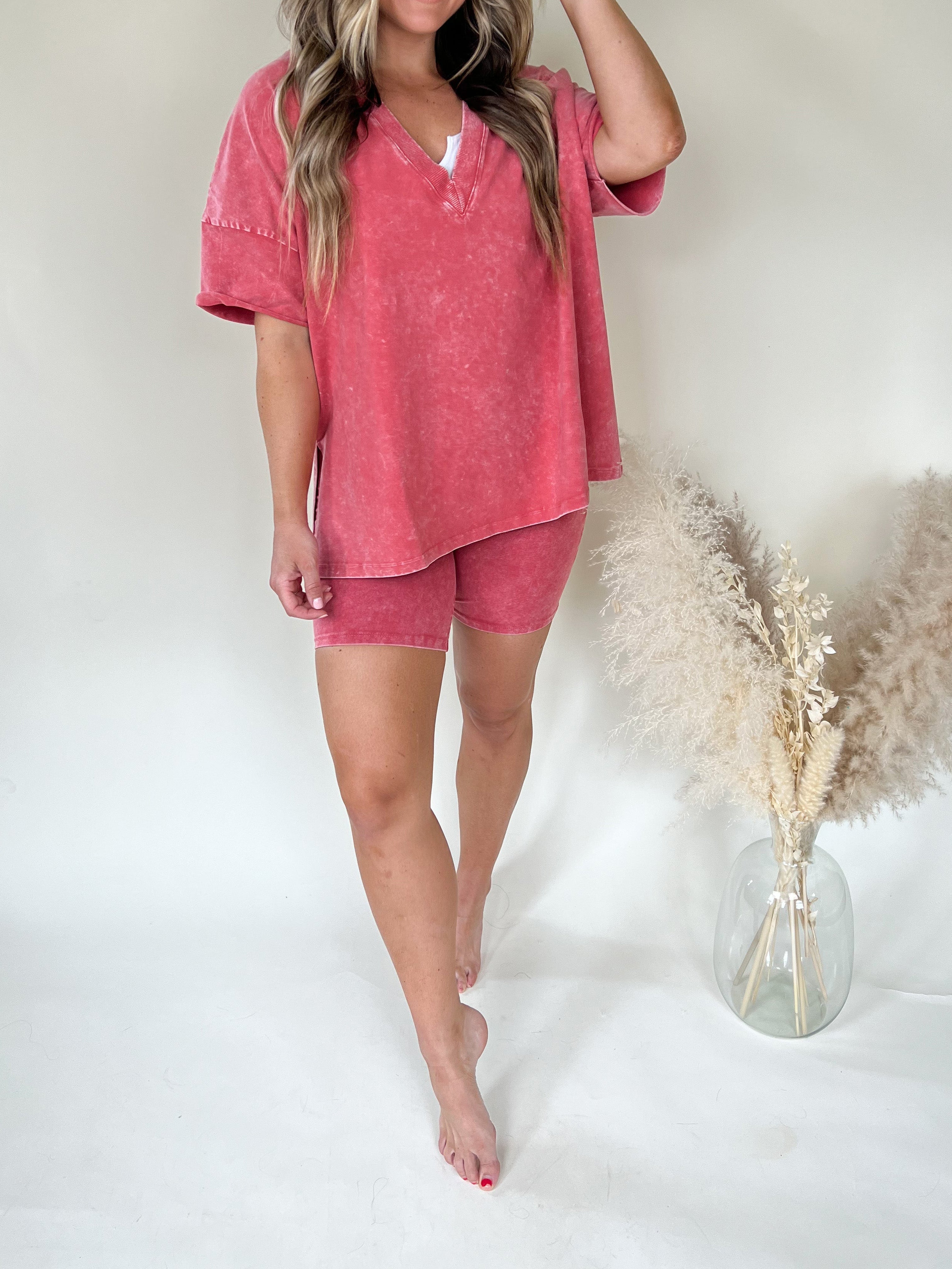 Ariana - Acid Wash Oversized Tee and Biker Shorts Set