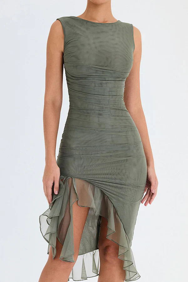 Elki - Elegant Mesh Midi Dress with Ruffled Hem